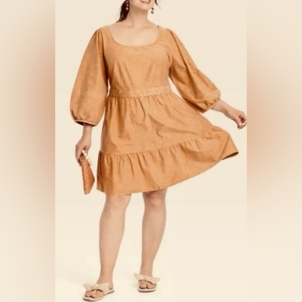 Ava & Viv tiered dress. Balloon 3/4-Sleeve A-Line. Midi, 100% cotton. Mustard 4X